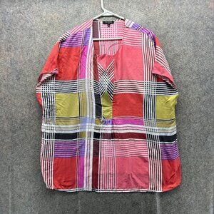 St. John Blouse Womens XL Multicolor Silk Plaid Kimono Short Sleeve Top